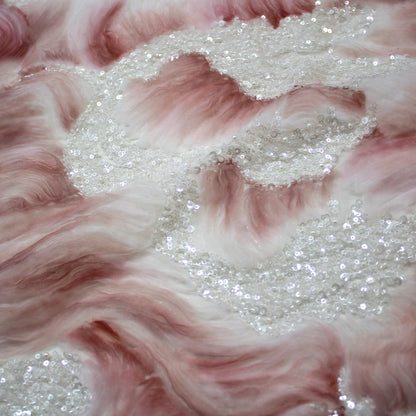 Tulle Ricamato con Motivo ad Onde, Tulle, Paillettes e Coralli