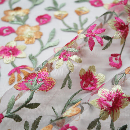 Tulle Ricamato Nude con Fiori Gialli e Fucsia