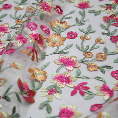Tulle Ricamato Nude con Fiori Gialli e Fucsia