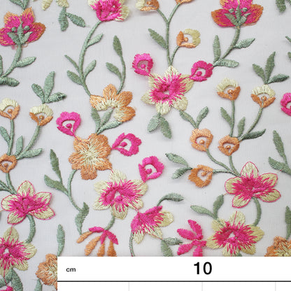 Tulle Ricamato Nude con Fiori Gialli e Fucsia