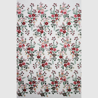 Tulle Ricamato Ortensia con Fiori Rossi e Rosa