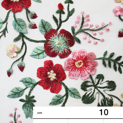 Tulle Ricamato Ortensia con Fiori Rossi e Rosa