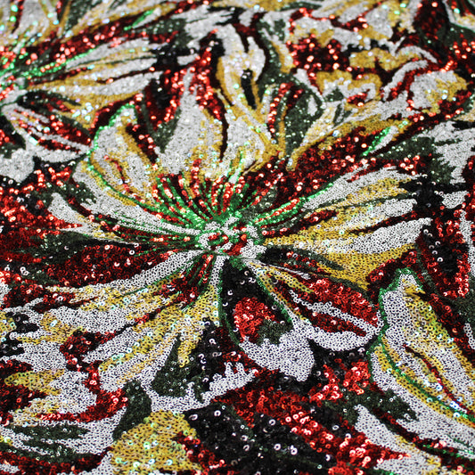 Tulle Ricamato Paillettes Campo Pieno Multicolor con Fiori Grandi