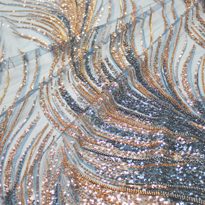 Tulle Ricamato Paillettes e Coralli con Effetto Ramato, Coda di Sirena