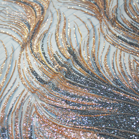 Embroidered Tulle with Paillettes and Corals, Copper Effect, Mermaid Tail