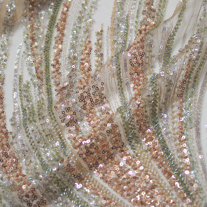 Tulle Ricamato Paillettes e Coralli con Effetto Ramato, Coda di Sirena