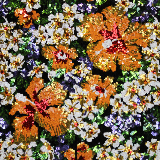 Embroidered Tulle with Orange Flowers and Sequins