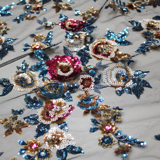 Embroidered Tulle with Paillettes and Flower Bouquets