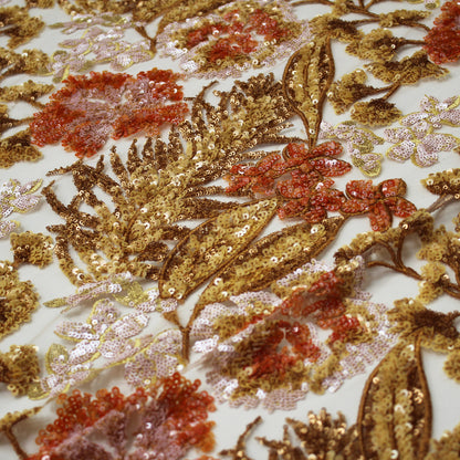 Tulle Ricamato con Paillettes Multicolor, Fiori e Piante