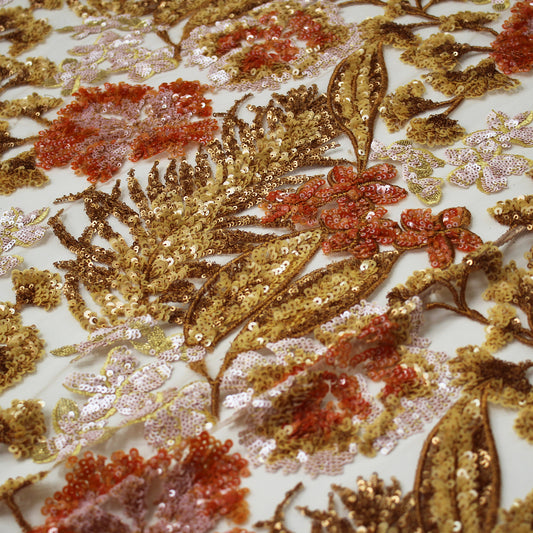 Embroidered Tulle with Multicolor Paillettes, Flowers, and Plants