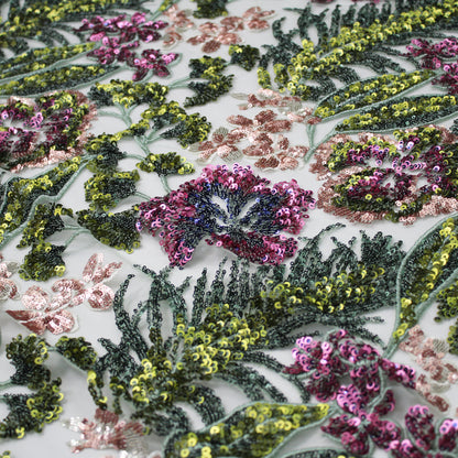 Tulle Ricamato con Paillettes Multicolor, Fiori e Piante