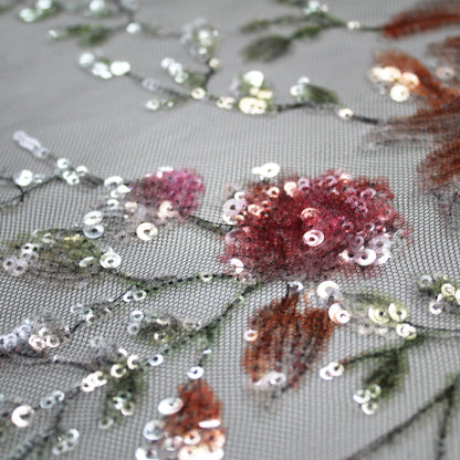 Tulle Ricamato con Paillettes e Ricami Fiori