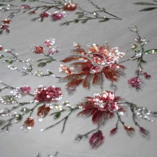 Embroidered Tulle with Sequins and Floral Motifs