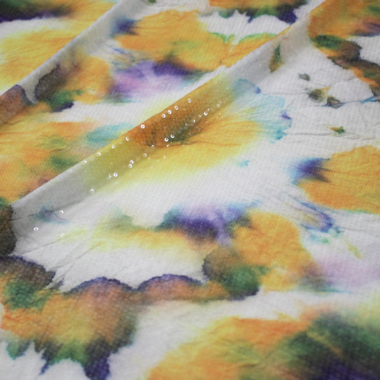 Tulle Embroidered with Paillettes and Watercolor Print in Yellow and Purple