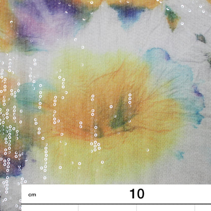 Tulle Ricamato Paillettes con Stampa Acquerello Giallo e Viola