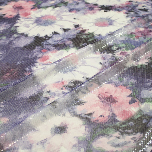Tulle Ricamato Paillettes con Stampa Fiori Grandi, Bianchi e Viola