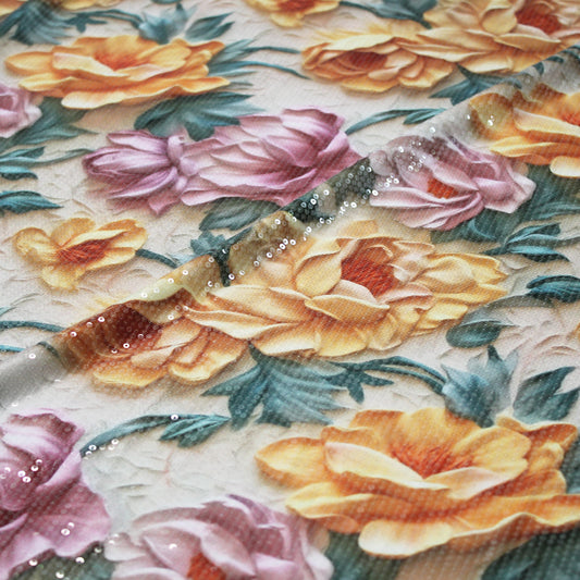 Tulle Embroidered with Paillettes and Pink, Yellow, Orange Floral Print