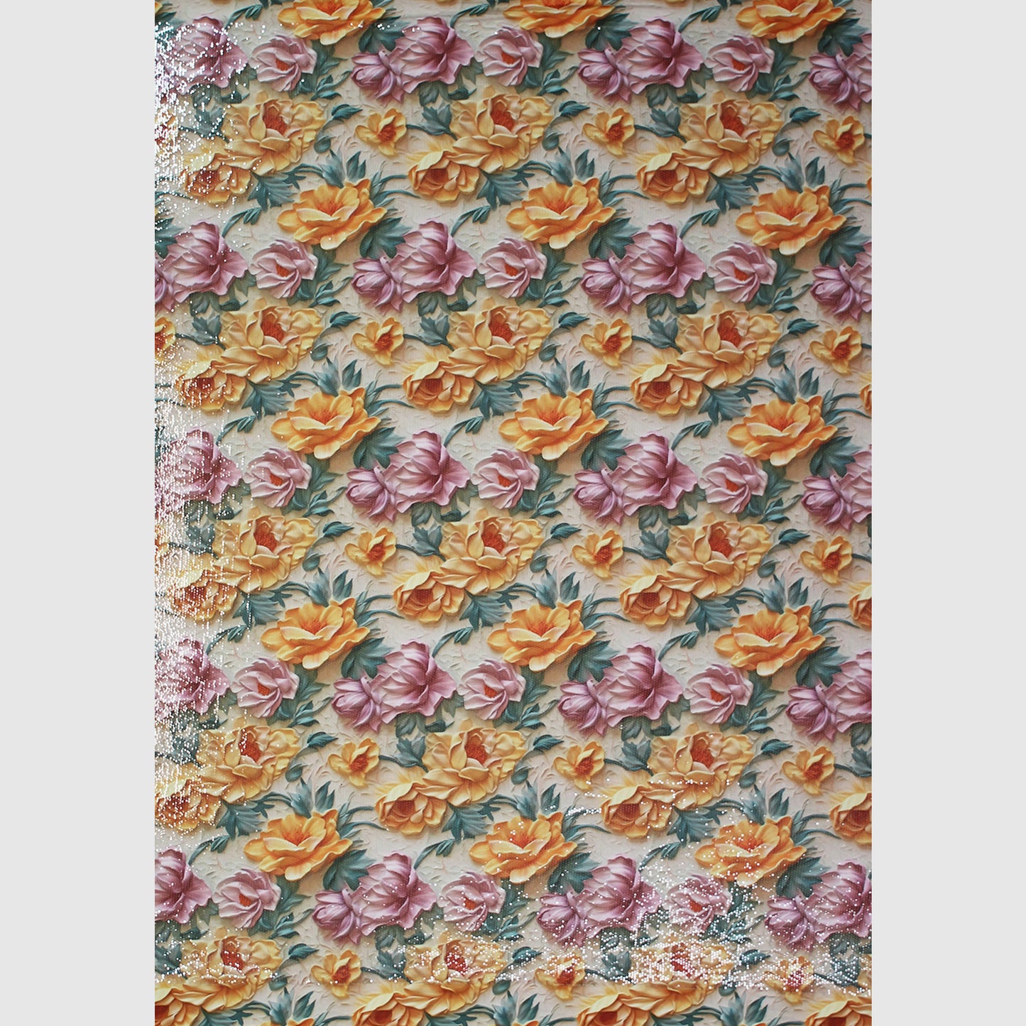 Tulle Ricamato Paillettes con Stampa Fiori Rosa, Giallo e Arancione