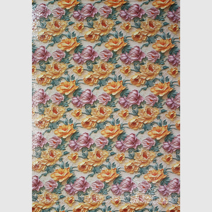 Tulle Ricamato Paillettes con Stampa Fiori Rosa, Giallo e Arancione