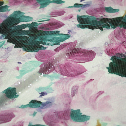 Tulle Embroidered with Paillettes and Pink-Purple Floral Print