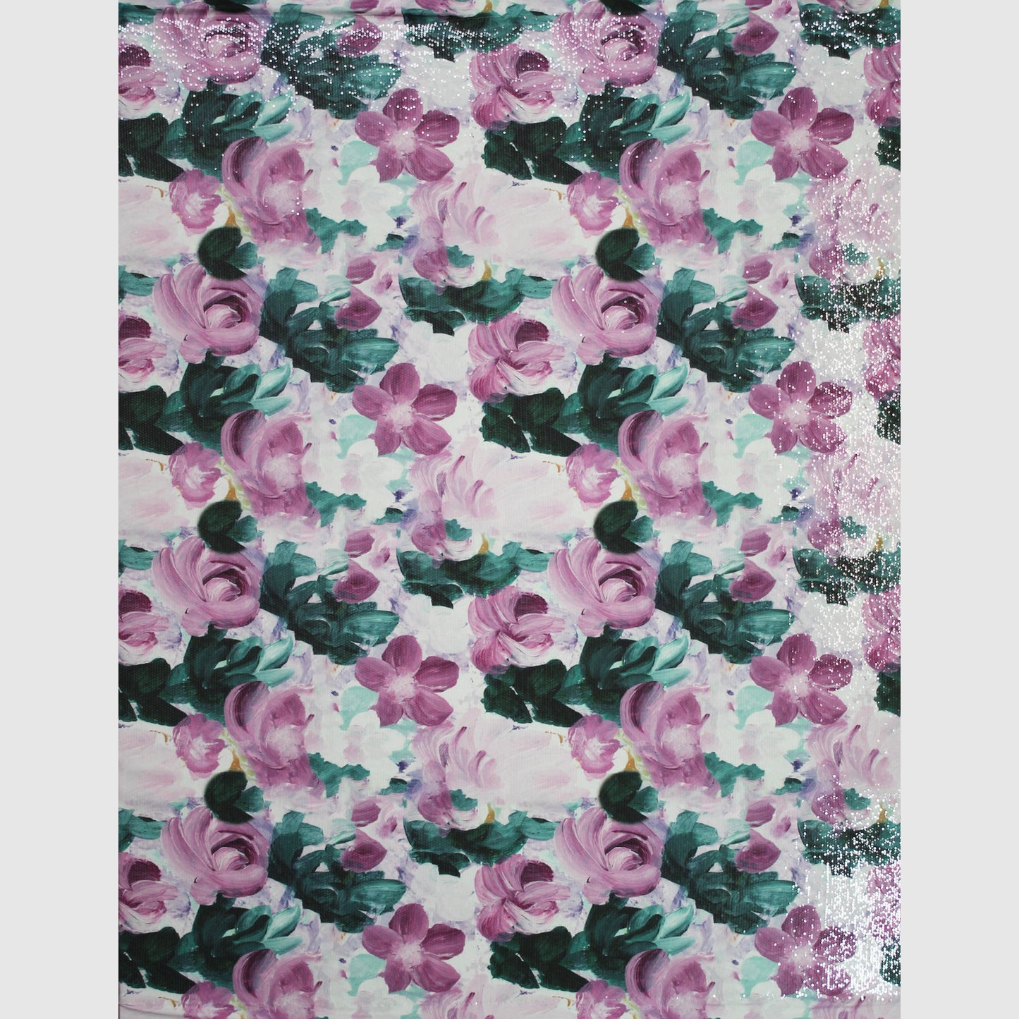 Tulle Ricamato Paillettes con Stampa Fiori Rosa e Viola