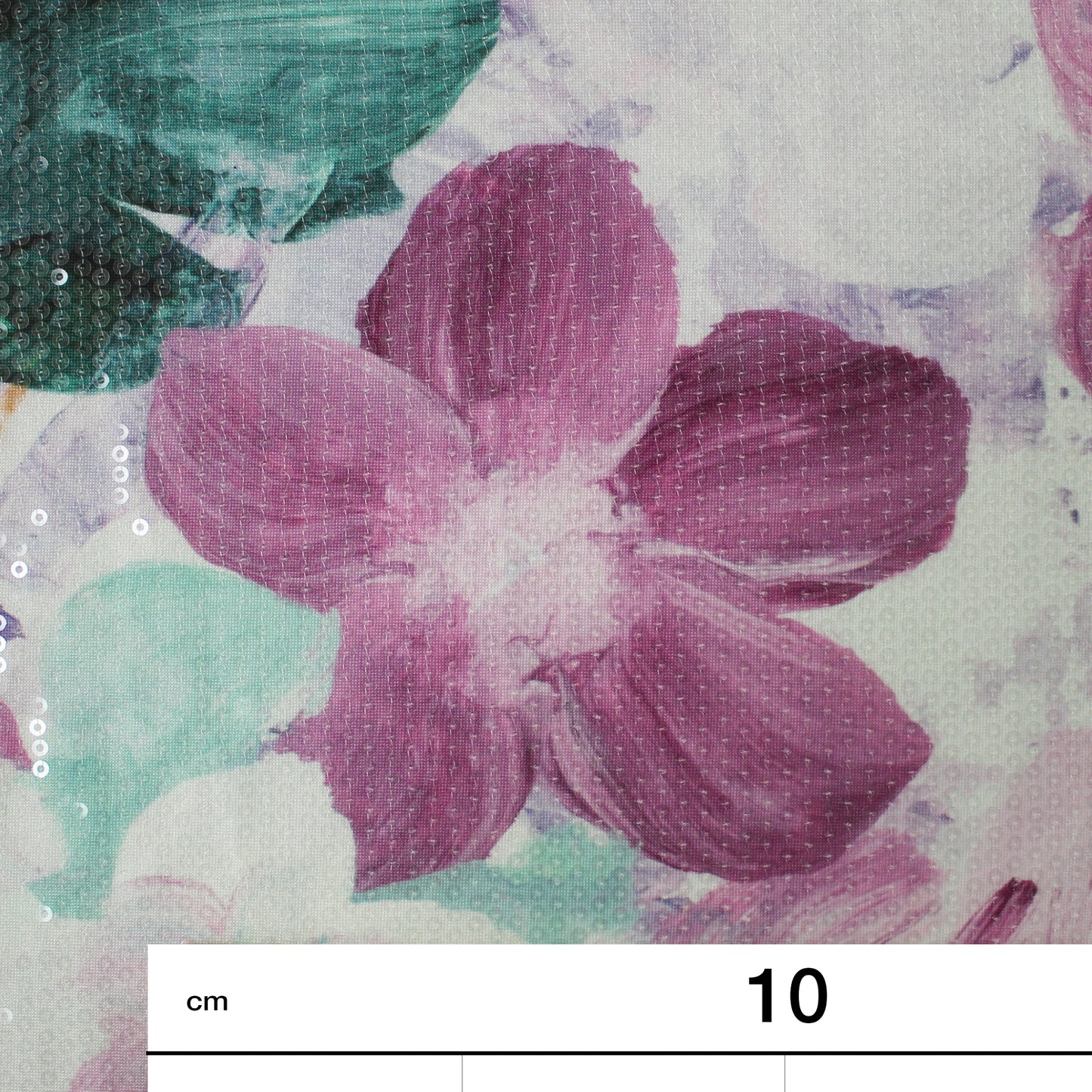 Tulle Ricamato Paillettes con Stampa Fiori Rosa e Viola