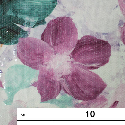 Tulle Ricamato Paillettes con Stampa Fiori Rosa e Viola