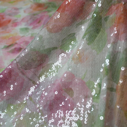 Embroidered Tulle with Paillettes and Flower Print in Pastel Shades