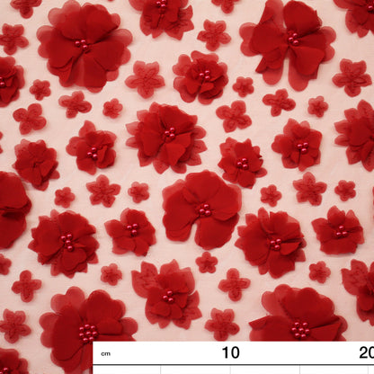 Tulle Ricamato con Perline su Fiori a Rilievo in Voile