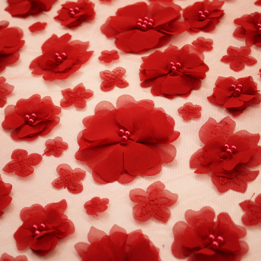 Embroidered Tulle with Beaded Raised Floral Motifs on Voile
