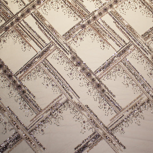 Embroidered Tulle with Beads, Sequins, and Geometric Pattern