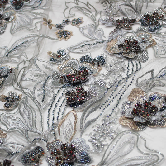 Embroidered Tulle with 3D Floral Petals, Paillettes, Beads, and Corals