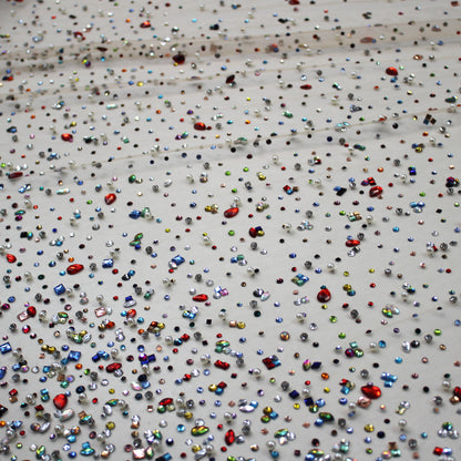Embroidered Tulle with Multiform Stones, Strass and Beads Degradé Effect