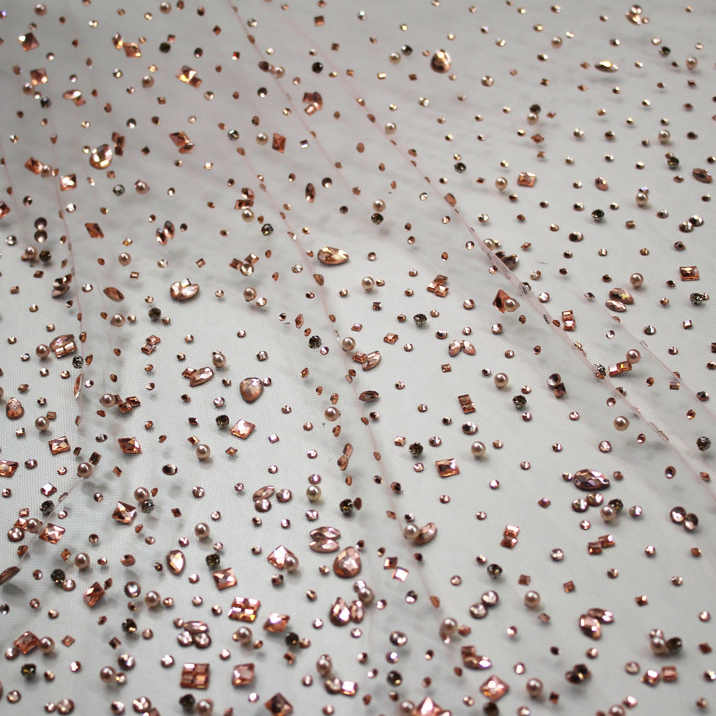 Embroidered Tulle with Multiform Stones, Strass and Beads Degradé Effect