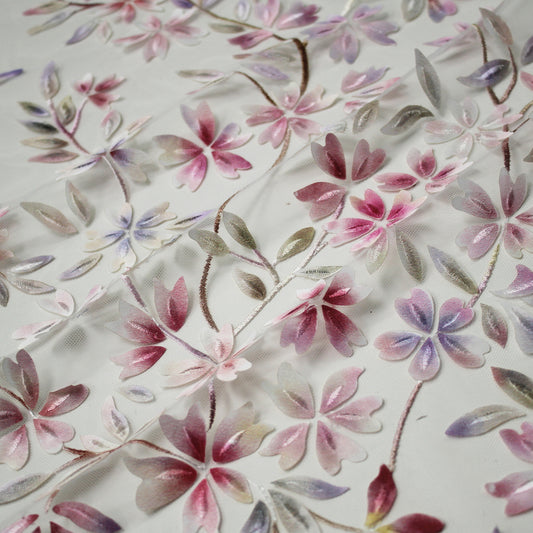 Embroidered Tulle with Branches and Organza Printed Flower Petals