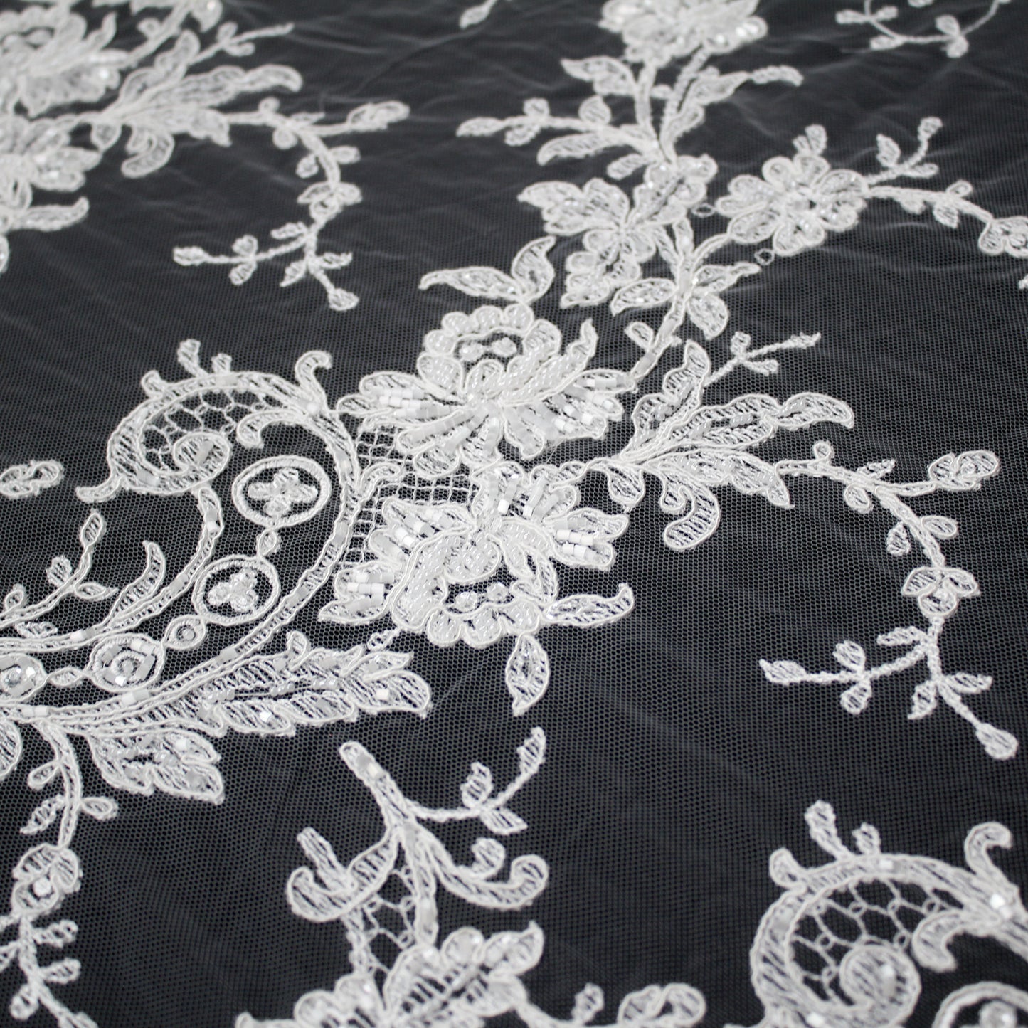 Bridal Rebrodé Embroidered Tulle with Seed Beads, Floral Motifs, Paisley, and Double Scalloped Border | TRW1618