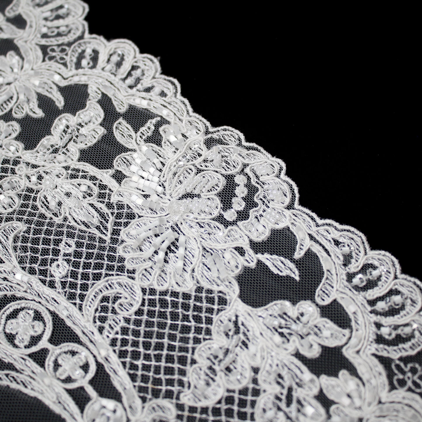 Bridal Rebrodé Embroidered Tulle with Seed Beads, Floral Motifs, Paisley, and Double Scalloped Border | TRW1618