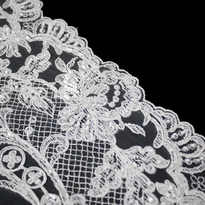 Bridal Rebrodé Embroidered Tulle with Seed Beads, Floral Motifs, Paisley, and Double Scalloped Border | TRW1618