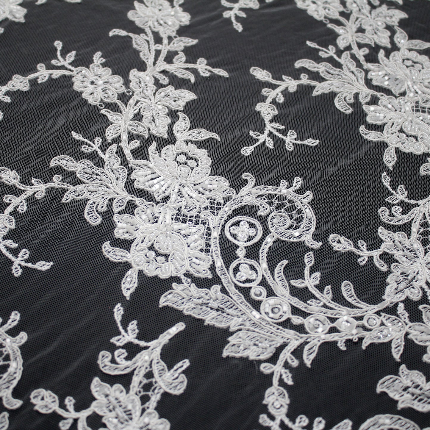 Bridal Rebrodé Embroidered Tulle with Seed Beads, Floral Motifs, Paisley, and Double Scalloped Border | TRW1618