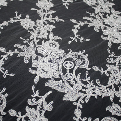 Bridal Rebrodé Embroidered Tulle with Seed Beads, Floral Motifs, Paisley, and Double Scalloped Border | TRW1618