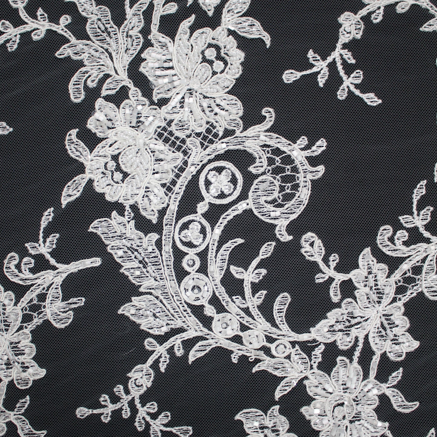 Bridal Rebrodé Embroidered Tulle with Seed Beads, Floral Motifs, Paisley, and Double Scalloped Border | TRW1618