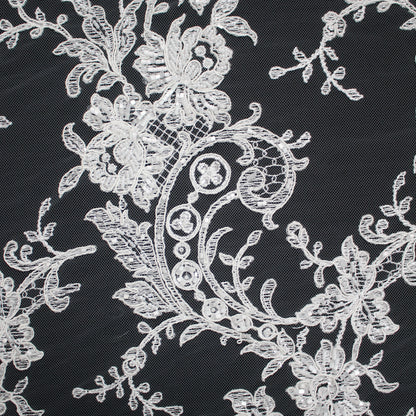Bridal Rebrodé Embroidered Tulle with Seed Beads, Floral Motifs, Paisley, and Double Scalloped Border | TRW1618