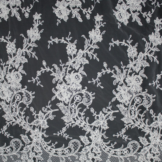 Bridal Rebrodé Embroidered Tulle with Seed Beads, Floral Motifs, Paisley, and Double Scalloped Border | TRW1618