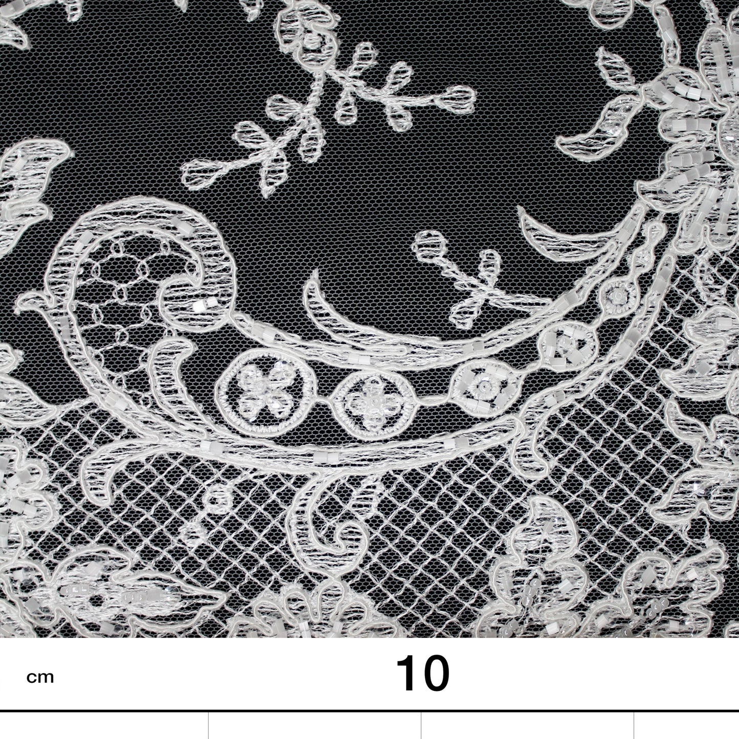 Bridal Rebrodé Embroidered Tulle with Seed Beads, Floral Motifs, Paisley, and Double Scalloped Border | TRW1618