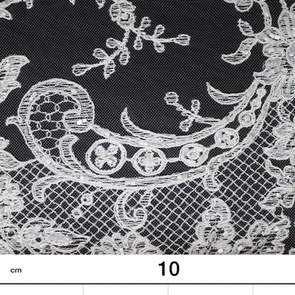 Bridal Rebrodé Embroidered Tulle with Seed Beads, Floral Motifs, Paisley, and Double Scalloped Border | TRW1618