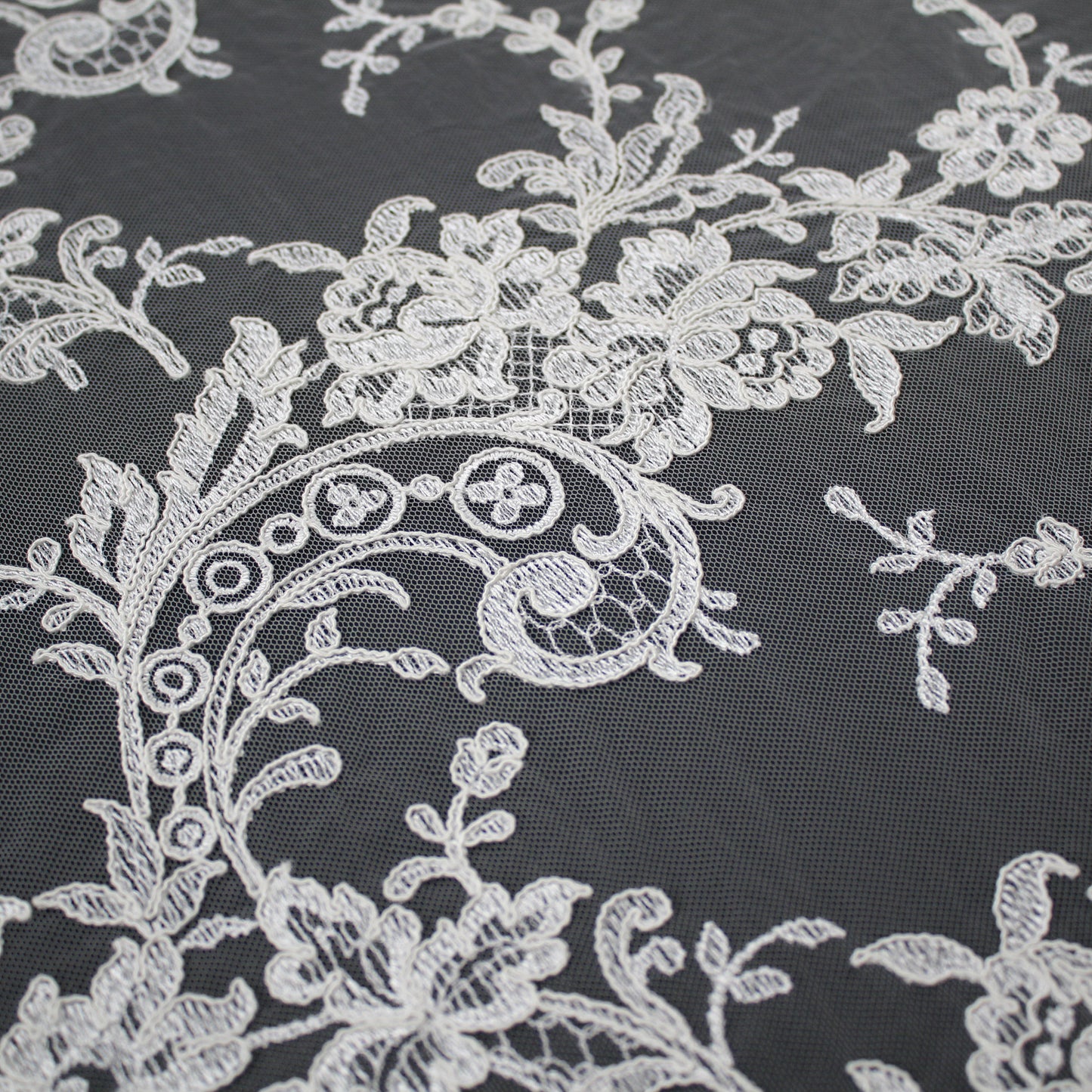 Bridal Rebrodé Embroidered Tulle with Floral Sprays, Paisley Motif, and Double Scalloped Border | TRW1608