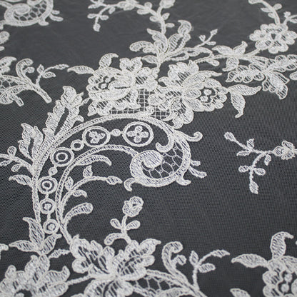 Bridal Rebrodé Embroidered Tulle with Floral Sprays, Paisley Motif, and Double Scalloped Border | TRW1608