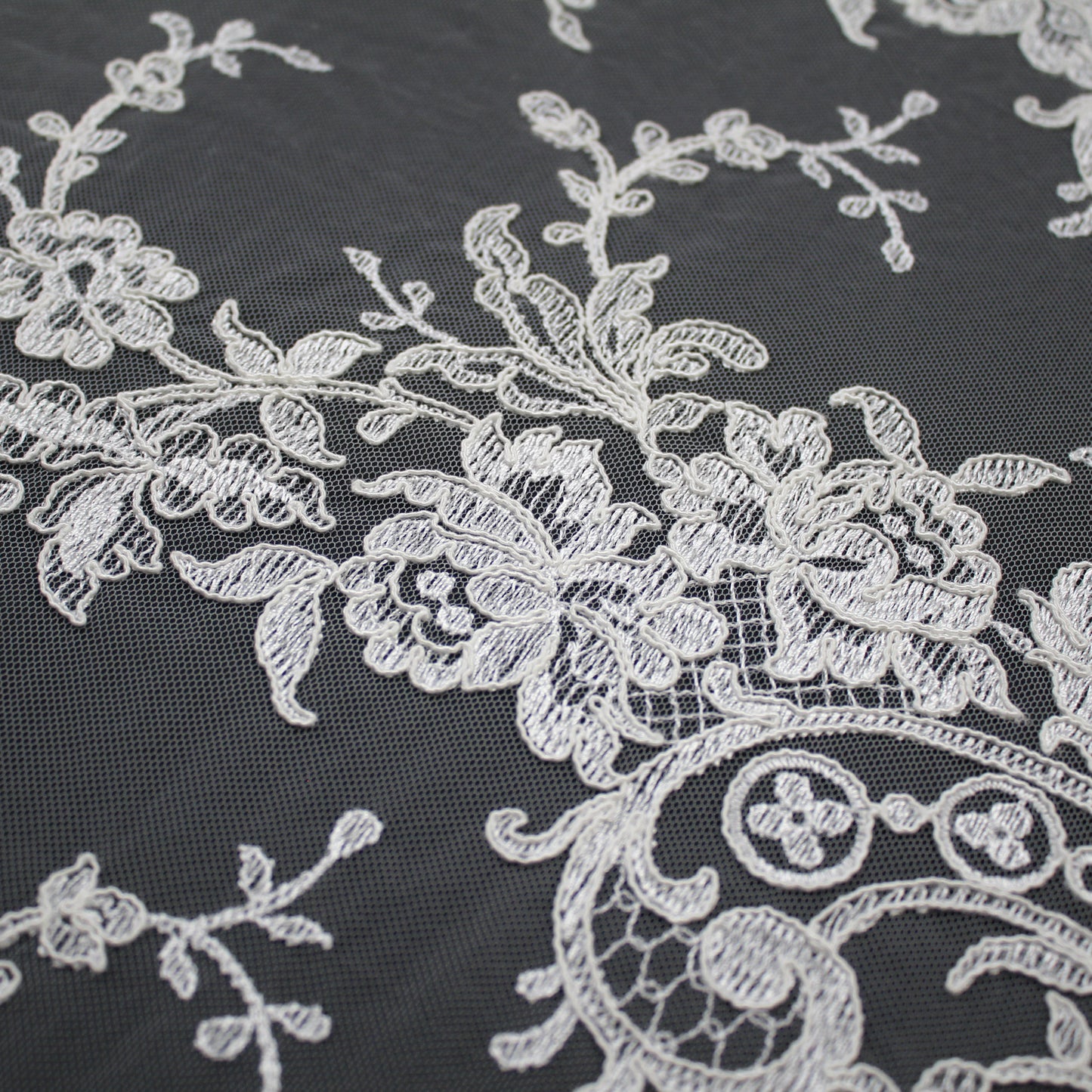 Bridal Rebrodé Embroidered Tulle with Floral Sprays, Paisley Motif, and Double Scalloped Border | TRW1608