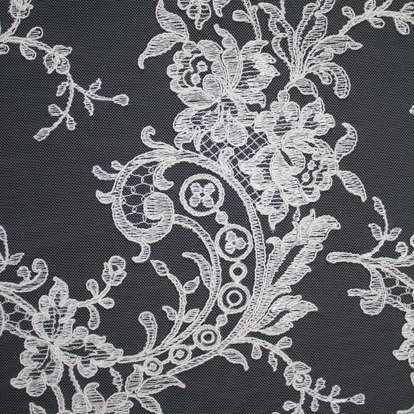 Bridal Rebrodé Embroidered Tulle with Floral Sprays, Paisley Motif, and Double Scalloped Border | TRW1608