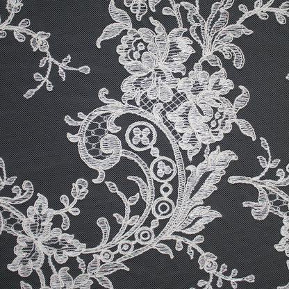 Bridal Rebrodé Embroidered Tulle with Floral Sprays, Paisley Motif, and Double Scalloped Border | TRW1608